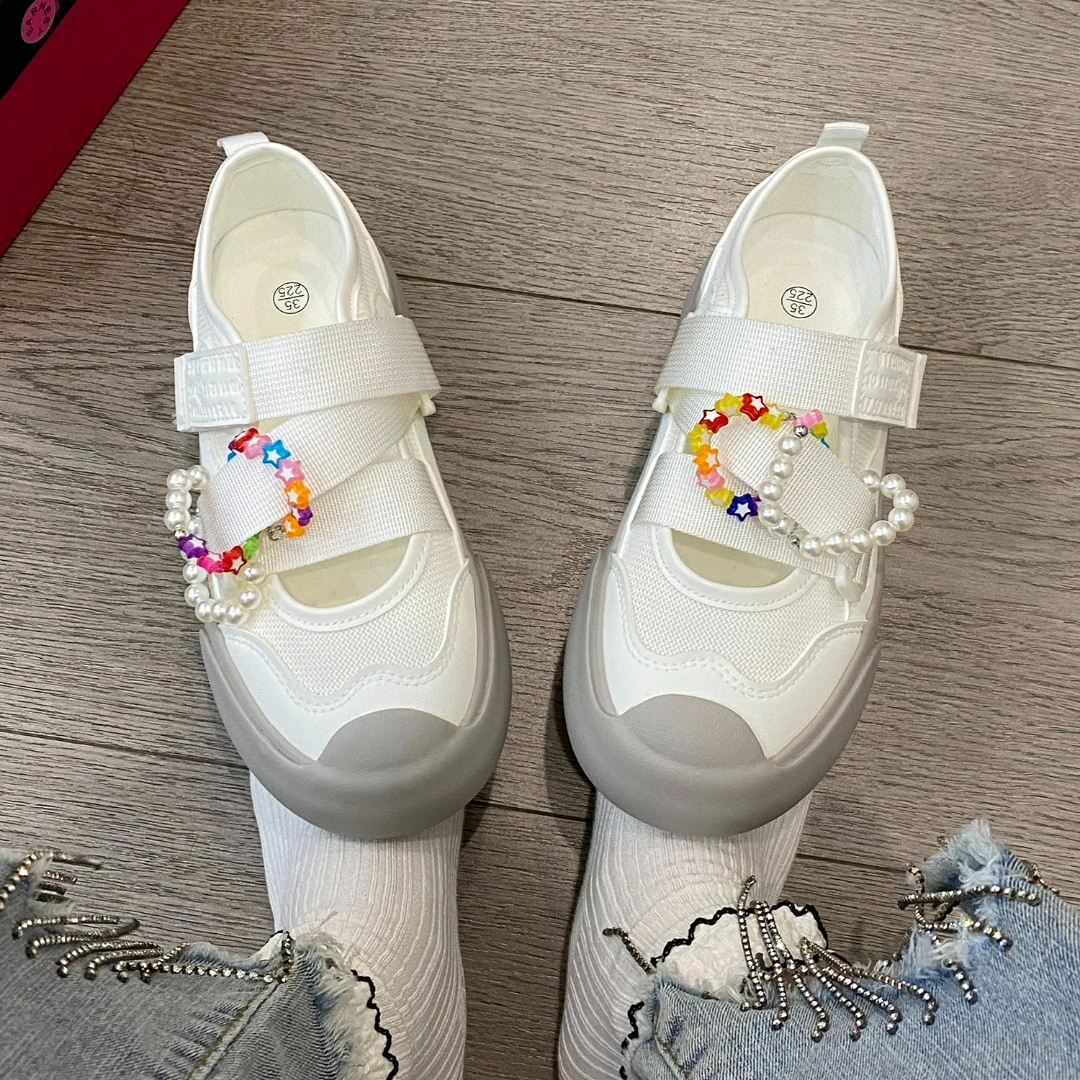 小众原创魔术贴透气小白鞋女2024新款夏季厚底百搭一脚蹬懒人鞋子