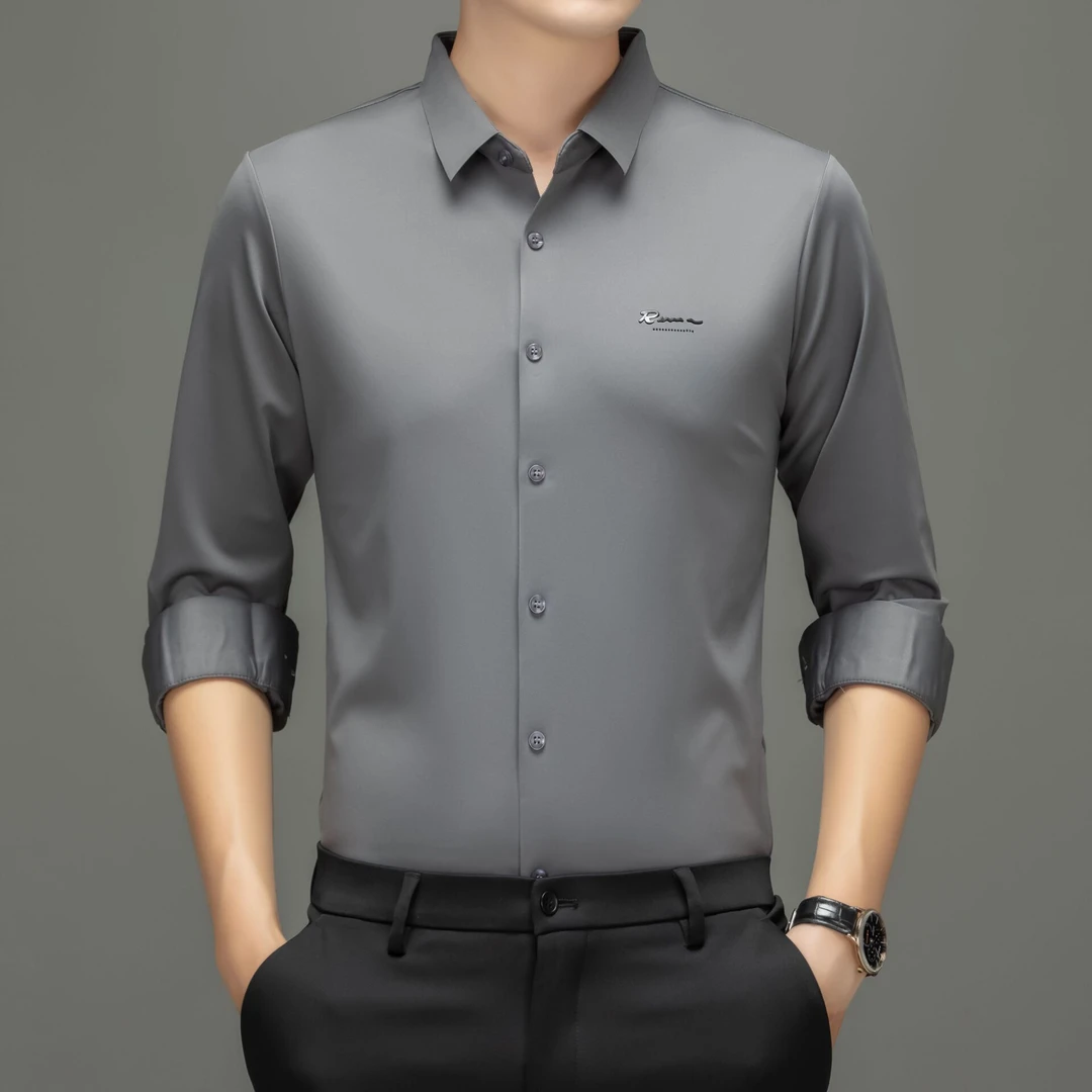 春季高端新款长袖男士商务休闲衬衫简约大气高弹无痕免熨烫衬衣