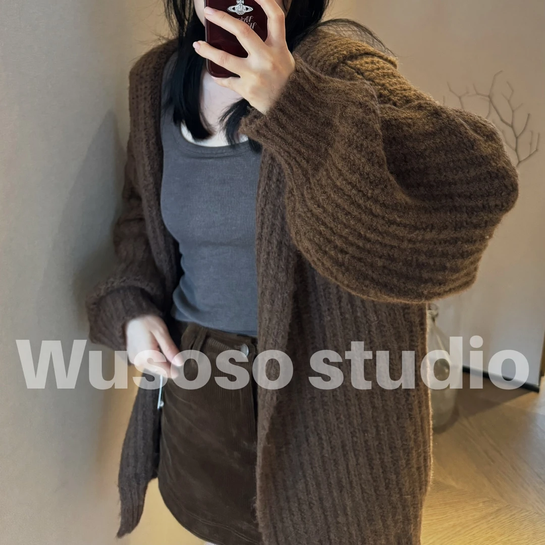 【soso】私服｜拿铁咖啡连帽宽松慵懒毛衣罩衫｜oversize