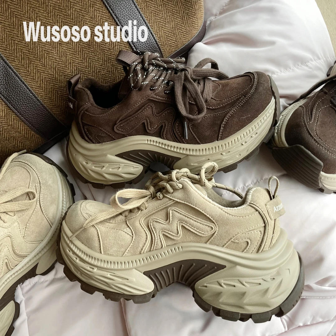 【soso】24new｜杏色巧克力｜欧货绒面双鞋带增高6.5cm加绒百搭老爹鞋