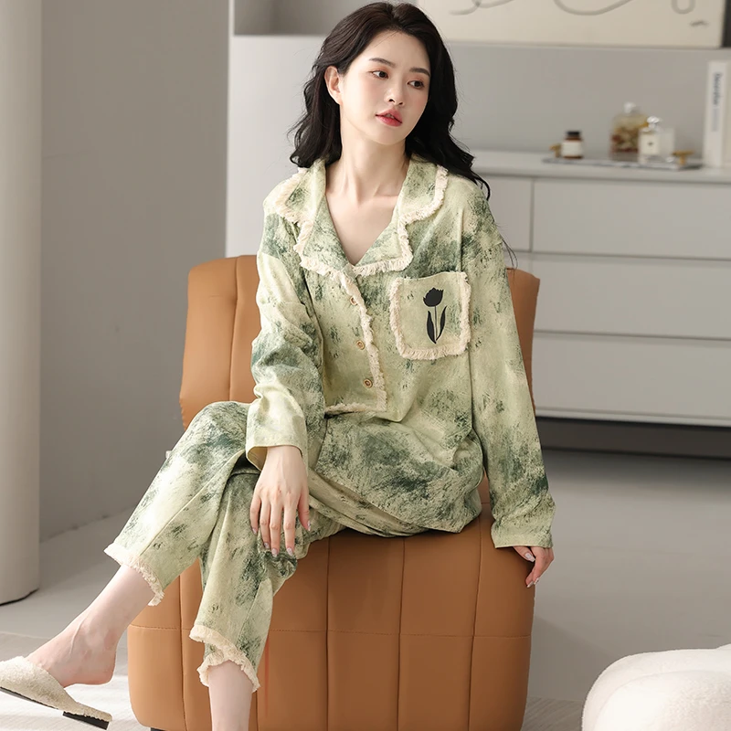 2024春秋季新款绿色水墨画睡衣女长袖开衫加大码家居服可外穿套装