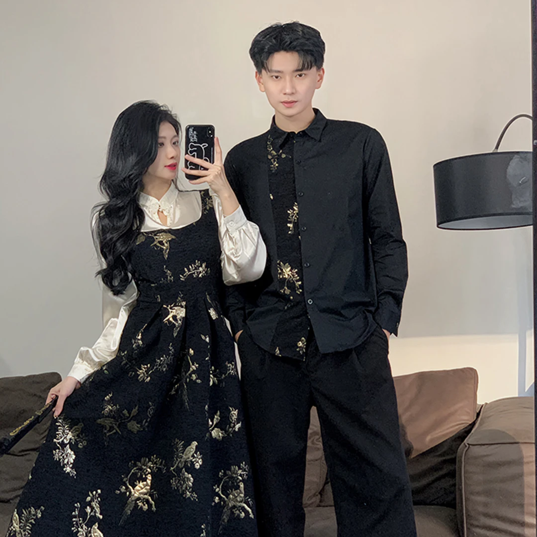 新中式显瘦碎花假两件旗袍连衣裙韩版小众设计感衬衫情侣一裙一衣