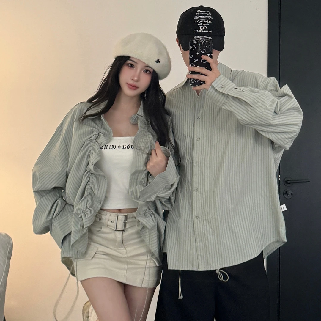 2024新款秋季美式复古宽松百搭ins潮牌条纹衬衣小众设计情侣衬衫