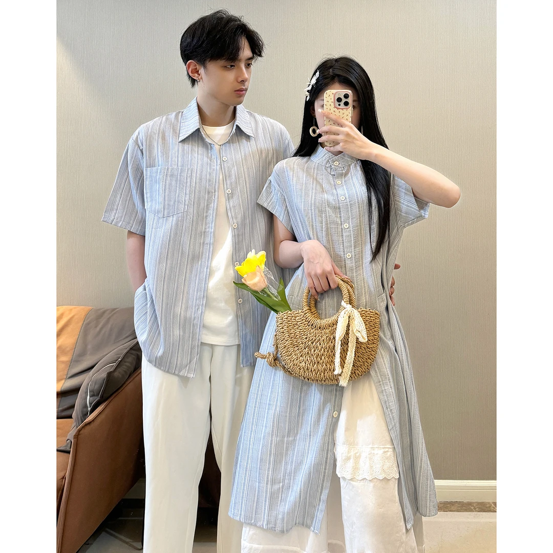 夏季新款情侣装一长一短衬衫韩版蓝白撞色叠穿连衣裙小众设计外套
