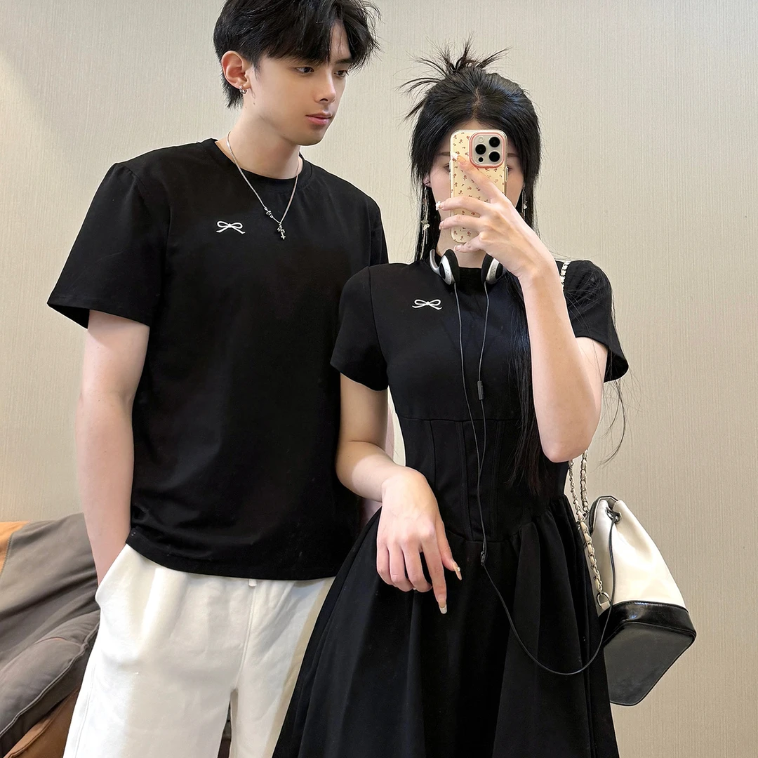 夏季新款情侣装小众设计感简约通勤连衣裙高级感百搭短袖一裙一衣