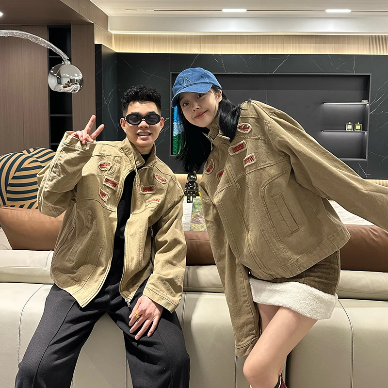 情侣装2025年新款美式机车贴布字母刺绣立领夹克复古工装牛仔外套