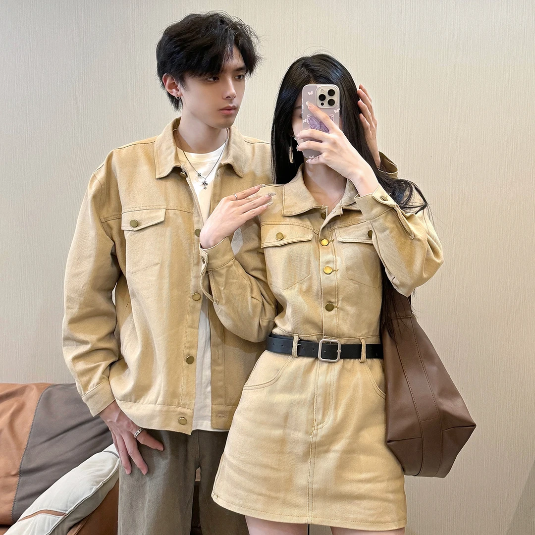 2024韩版情侣装复古港风长袖牛仔连衣裙韩版百搭气质衬衫一裙一衣
