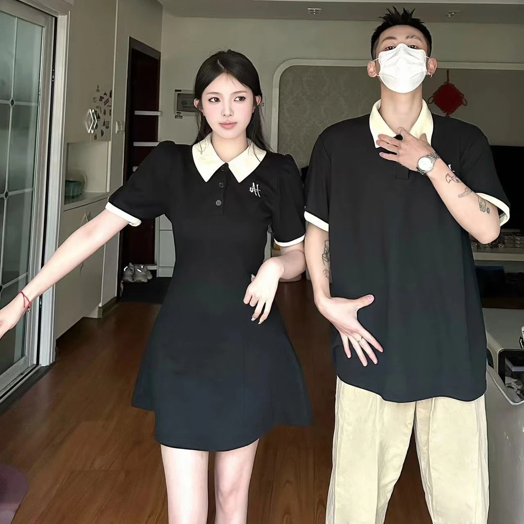 不一样的情侣装百搭纯色短袖POLO衫2024夏显瘦翻领连衣裙一裙一衣