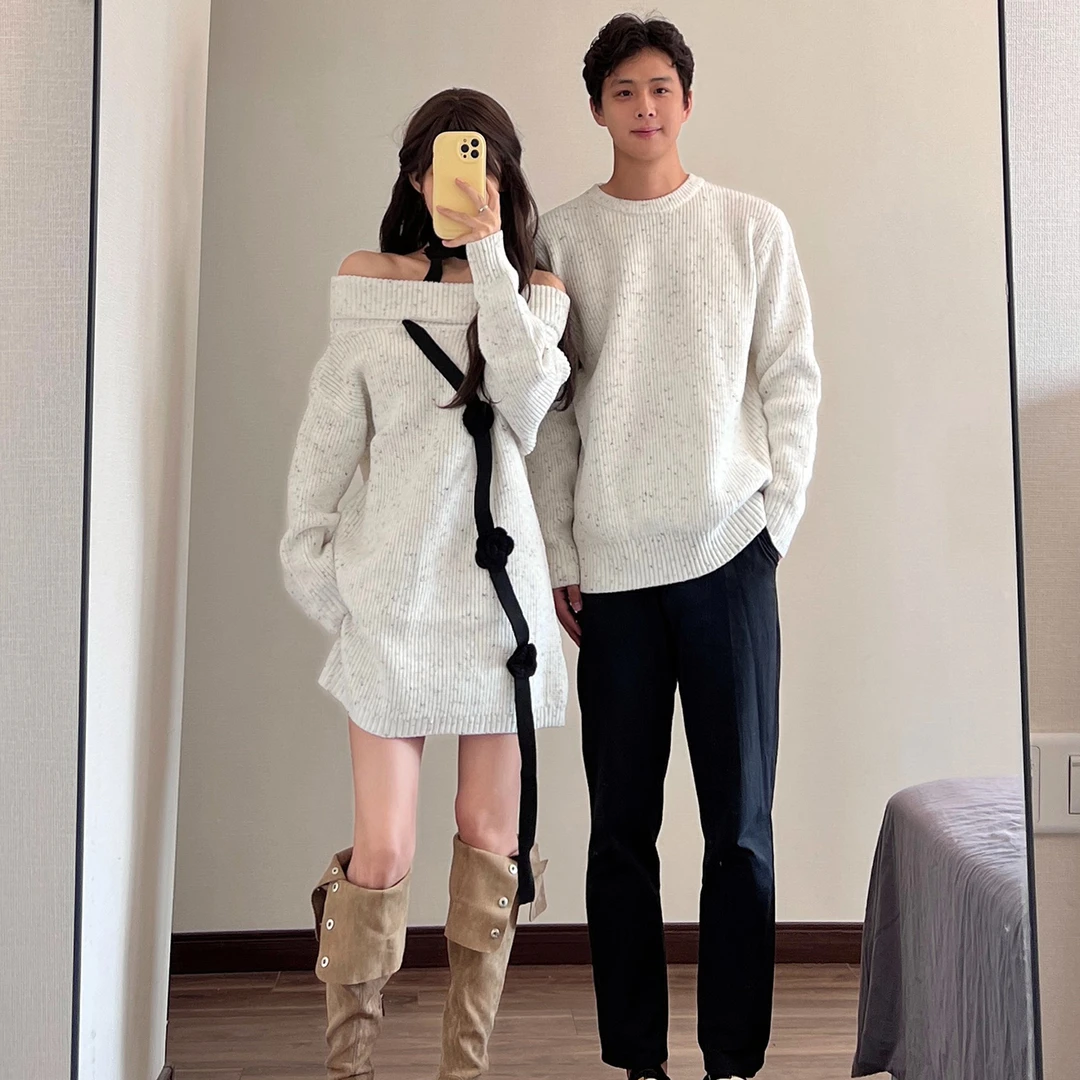 情侣装秋冬新款简约慵懒一字肩连衣裙韩版小众设计感休闲针织毛衣