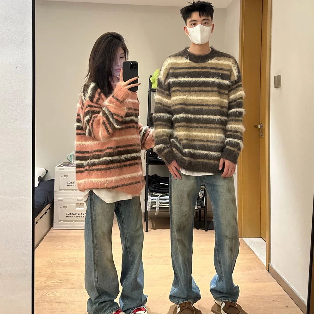 法式毛衣2023情侣网红爆款时尚针织衫男女慵懒风潮牌条纹百搭上衣
