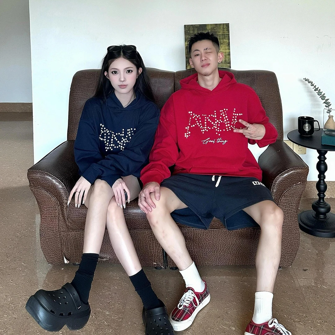 高级感情侣装美式复古立体珍珠字母连帽卫衣高街潮牌长袖上衣外套