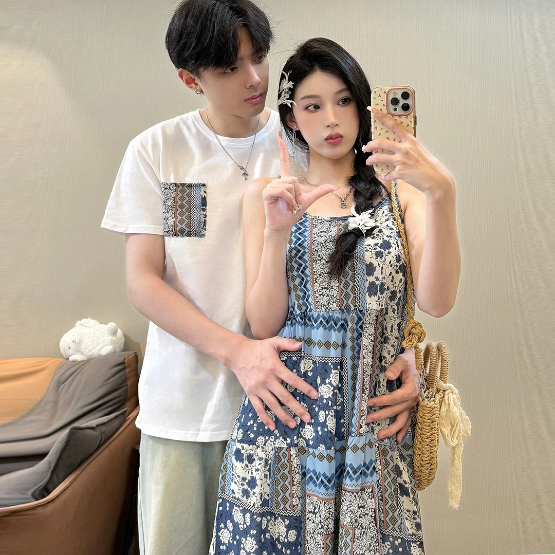 情侣装一裙一衣法式田园民族风沙滩海边度假连衣裙小众设计感短袖