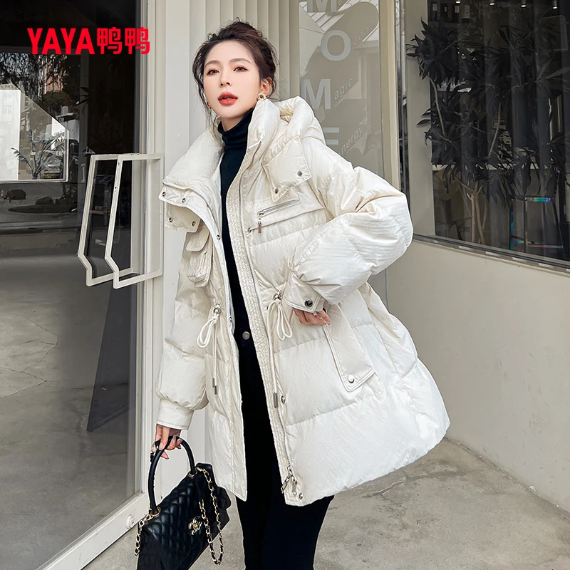 YAYA/鸭鸭羽绒服2023春季新款女款连帽抽绳收腰韩版中长款外套