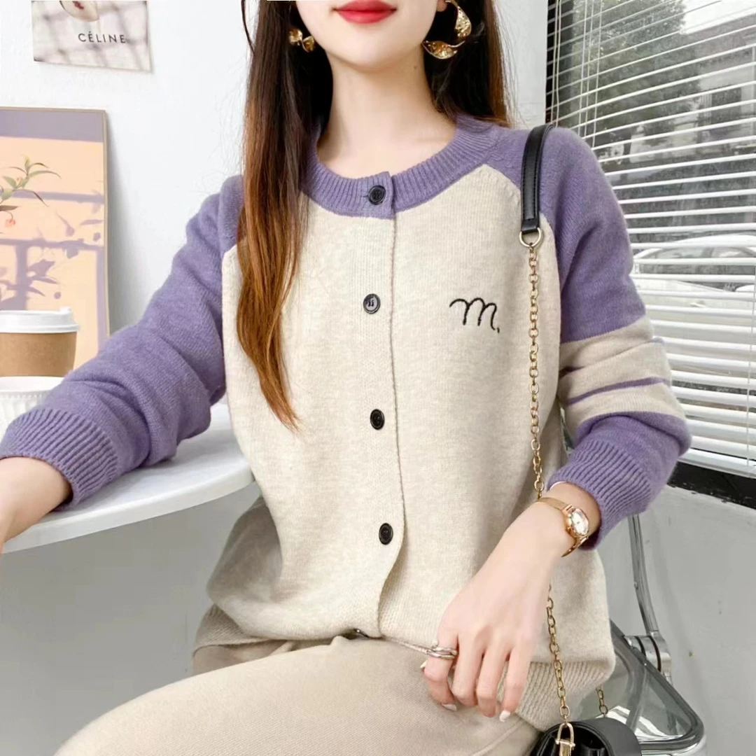 锦柬新款撞色百搭提花兔子圆领开衫休闲时尚春秋防风女加厚保暖