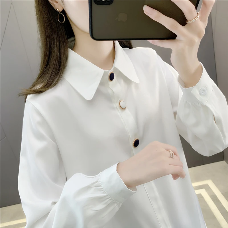 锦柬衬衫女设计感早春2023年气质新款白色洋气纯色方领长袖衬衣