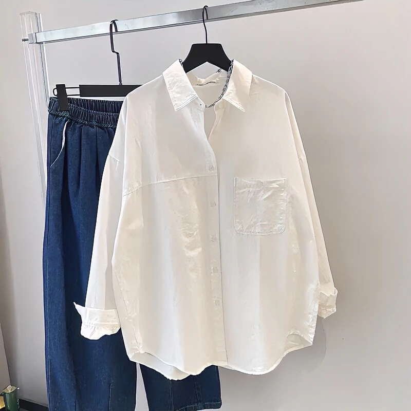 港味休闲白衬衫女宽松2025新款慵懒百搭棉质长袖叠穿衬衣外搭上衣