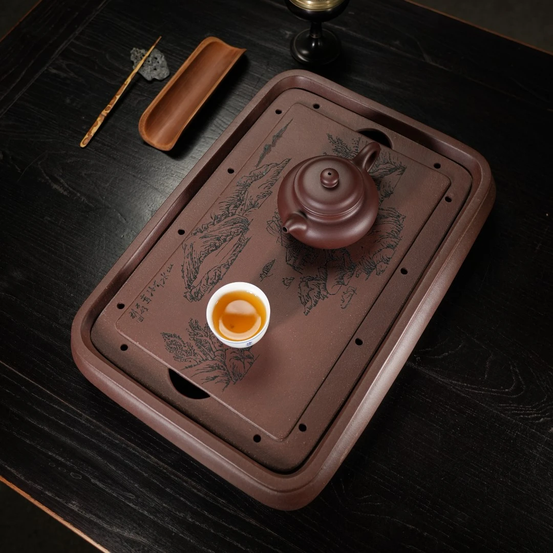 宜兴紫砂40*30方形储水壶承可开盖刻绘山水茶盘家用茶托中式