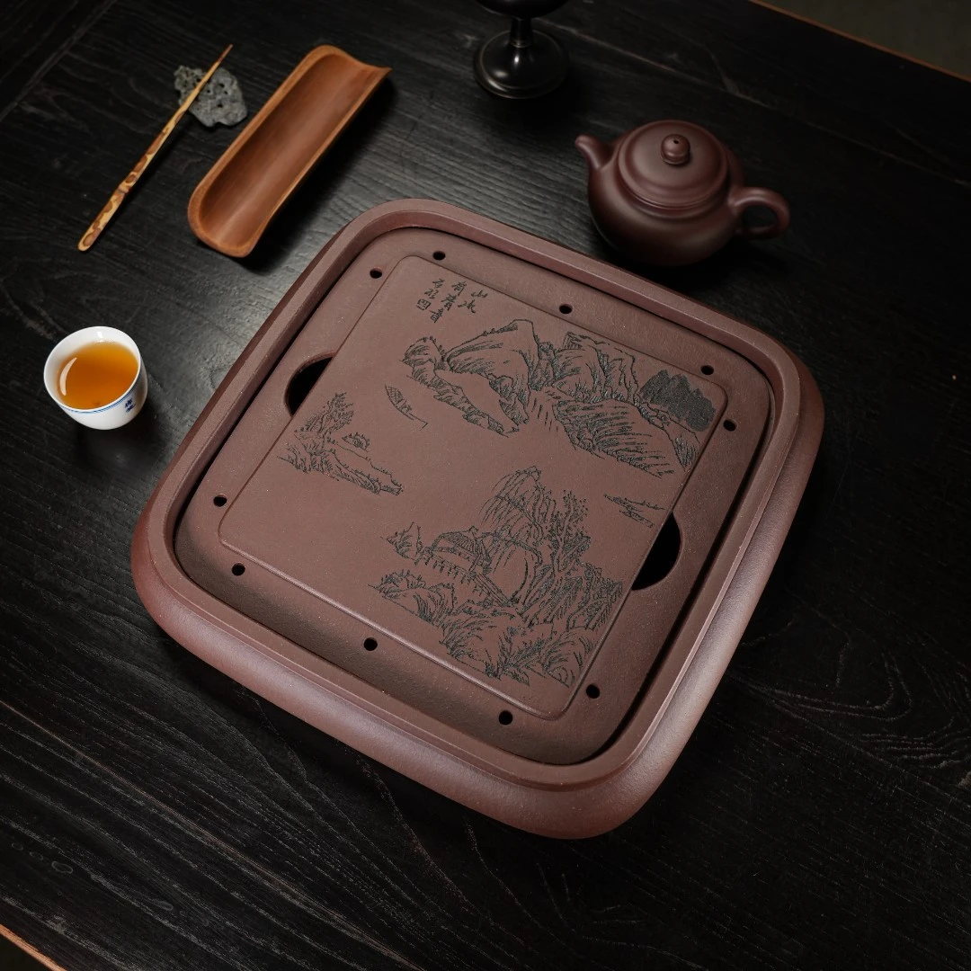 宜兴紫砂30*30cm方储水壶承刻绘山水茶盘办公家用小品壶承