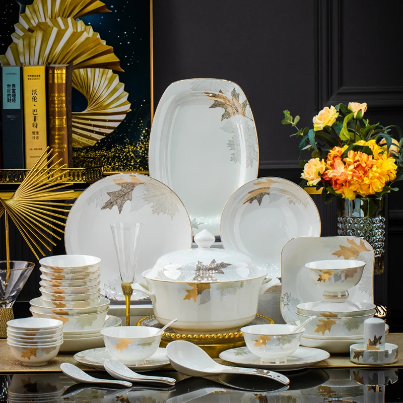 叶叶生辉骨瓷餐具套装金边家用高档轻奢碗碟盘套装家用送人送礼