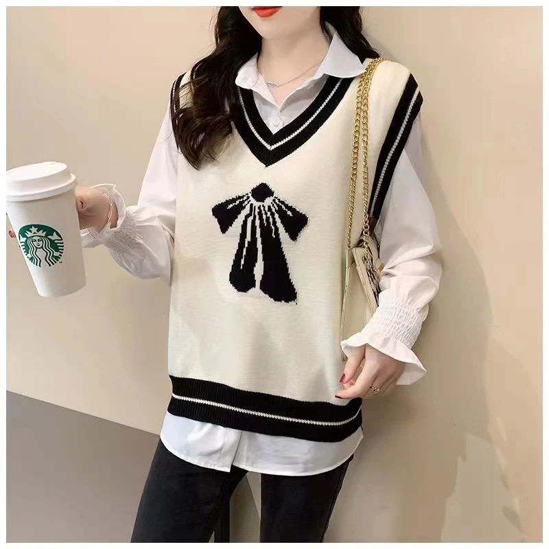 161#【清纯蝴蝶结】针织马甲上衣女H1