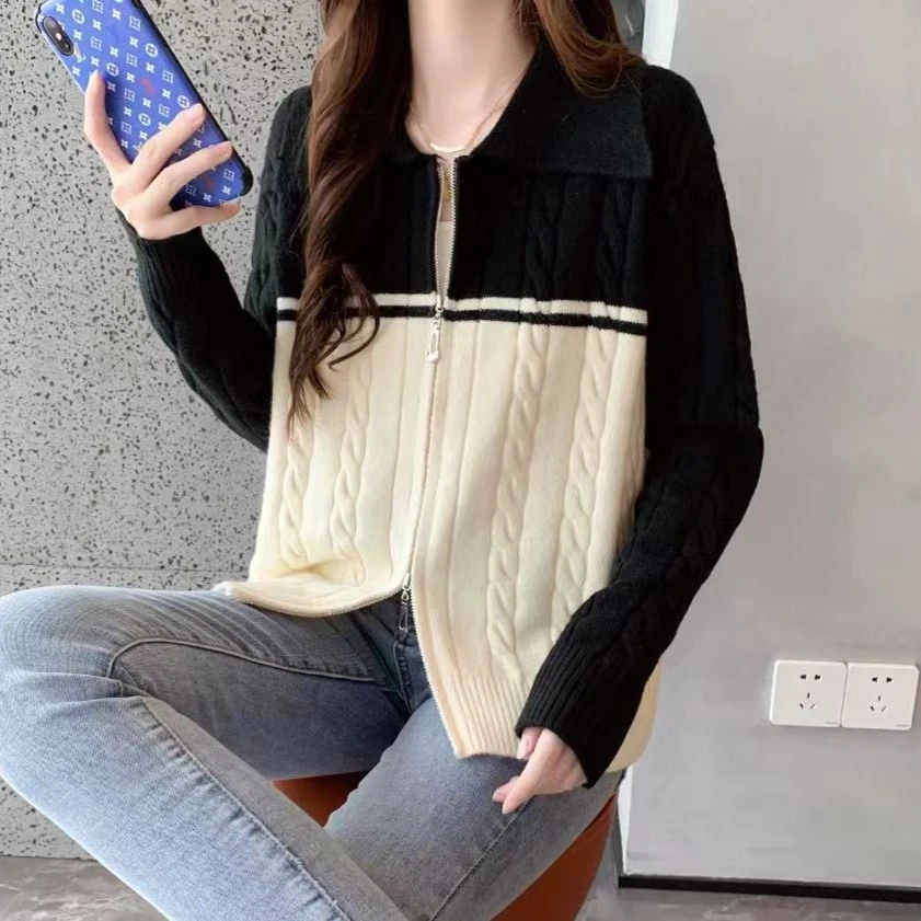 511高级感拉链开衫外套春秋季翻领毛衣百搭针织撞色外穿上衣