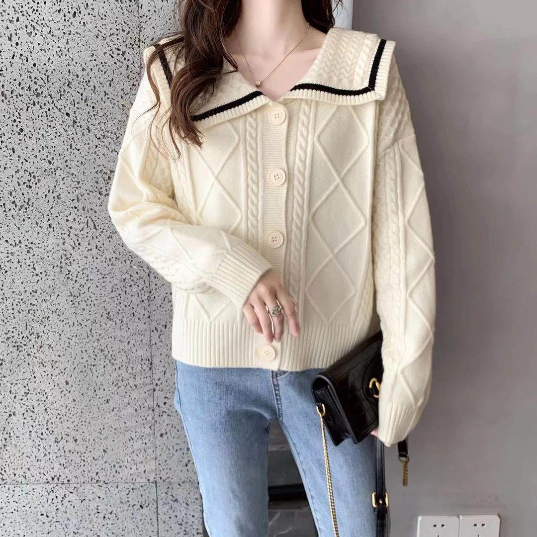 260秋冬减龄荷叶娃娃领针织长袖开衫毛衣宽松显瘦欧货爆款