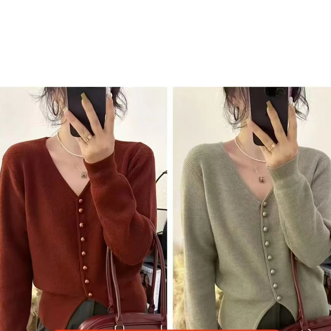 秋冬新款V领纯色长袖针织开衫女洋气显瘦气质高级减龄小香风上衣