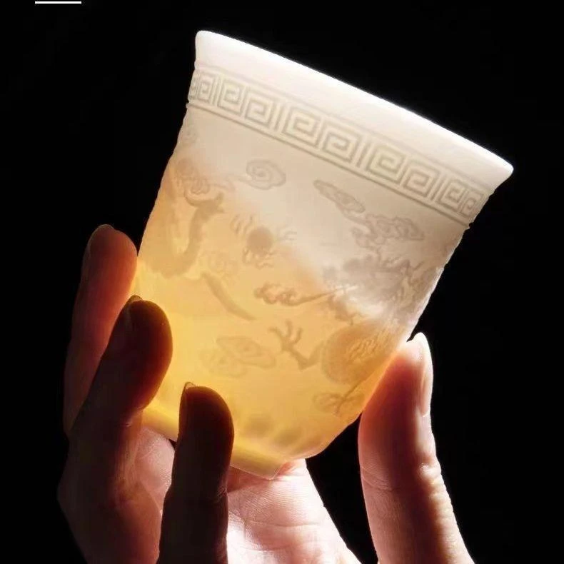 羊脂白瓷龙凤呈祥杯浮雕羊脂白瓷杯陶瓷
