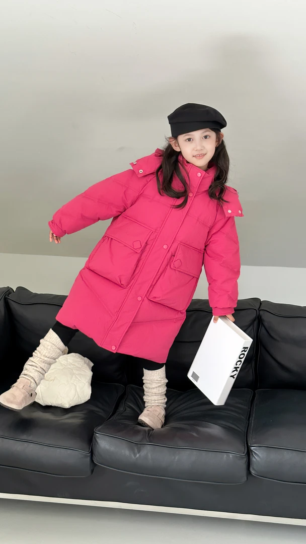 男女童连帽羽绒服纯色加厚保暖中长款冬季外套