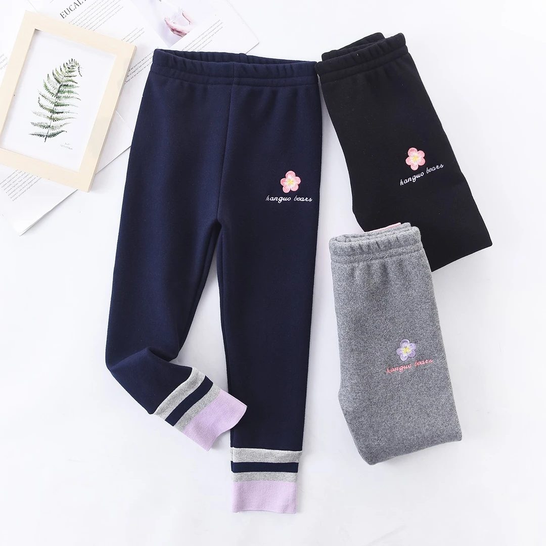 女童冬季新款花朵字母刺绣加厚绒拼接款打底裤