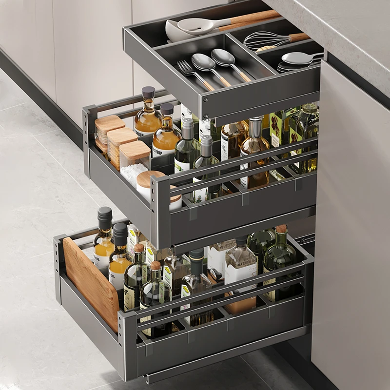 枪灰调味拉篮厨房橱柜加厚多功能双层抽中抽屉式厨柜收纳调料碗篮
