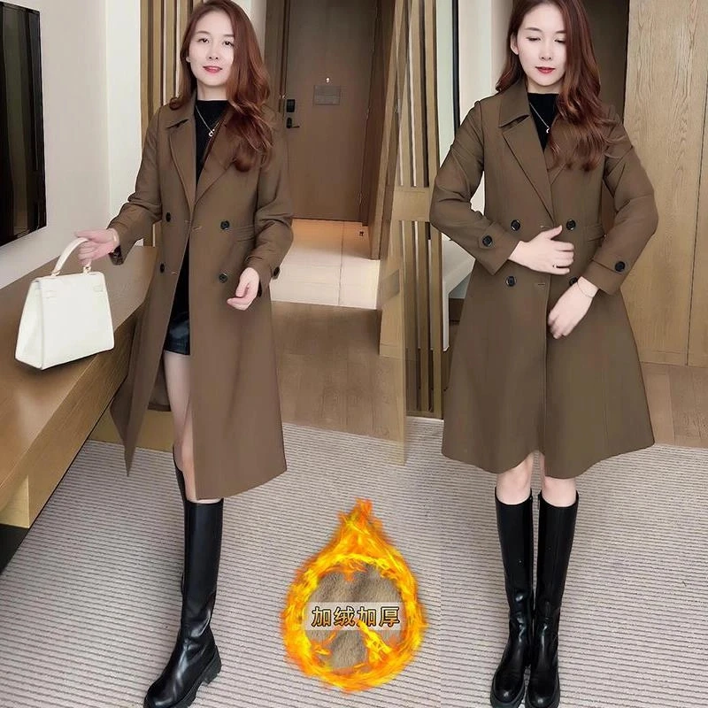 加绒加厚风衣外套女2024冬季新款洋气质中长款收腰保暖过膝大衣潮