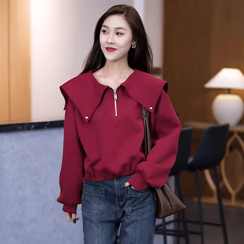 海军领娃娃领短款卫衣女士2024年春秋季新款宽松小个子上衣爆款潮