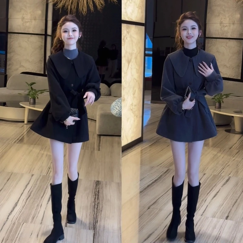 秋冬气质韩版宽松娃娃领收腰翻领系带显瘦风衣毛呢外套小个子时尚
