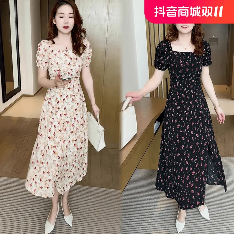方领连衣裙夏季气质时尚高腰泡泡袖收腰显瘦裙子碎花中长裙韩版