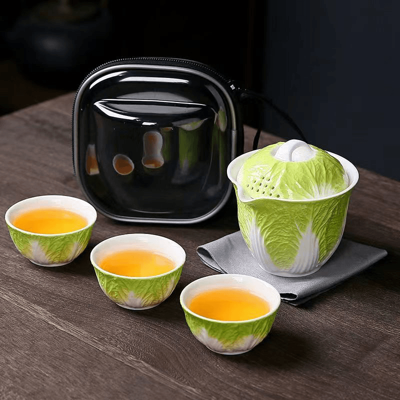 百财便捷旅行茶具陶瓷白菜快客杯一壶三杯出差携带茶器茶具户外