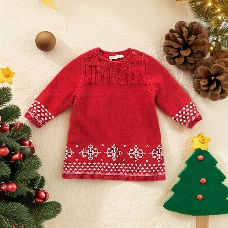 【清仓】66-100码戴家女童针织加绒秋冬费尔岛风格新年裙子