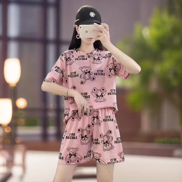 睡衣女套装洋气宽松韩版小熊印花时尚夏季薄款休闲家居服短袖短裤