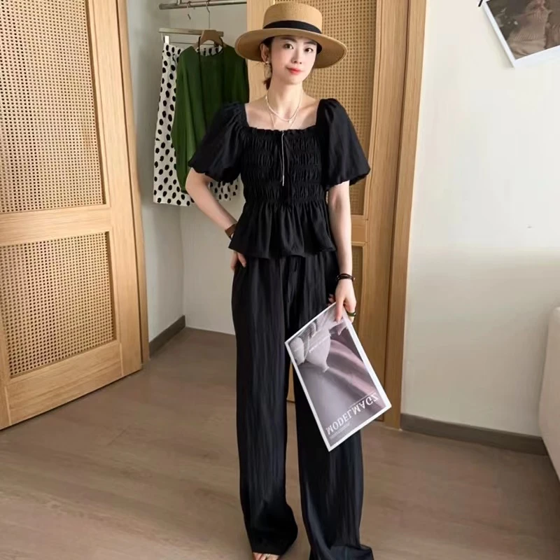 泡泡袖两件套阔腿裤长裤2024新款女装显瘦气质休闲夏季收腰