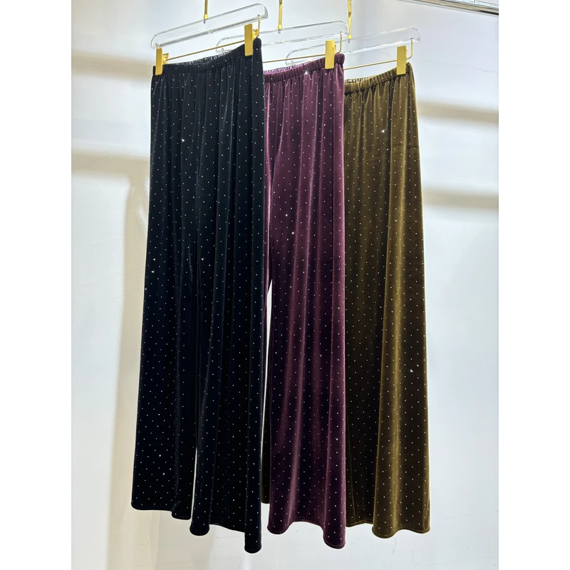 深圳南油韩版松紧腰网红2024秋季新款名媛满天星烫钻丝绒阔腿裤潮