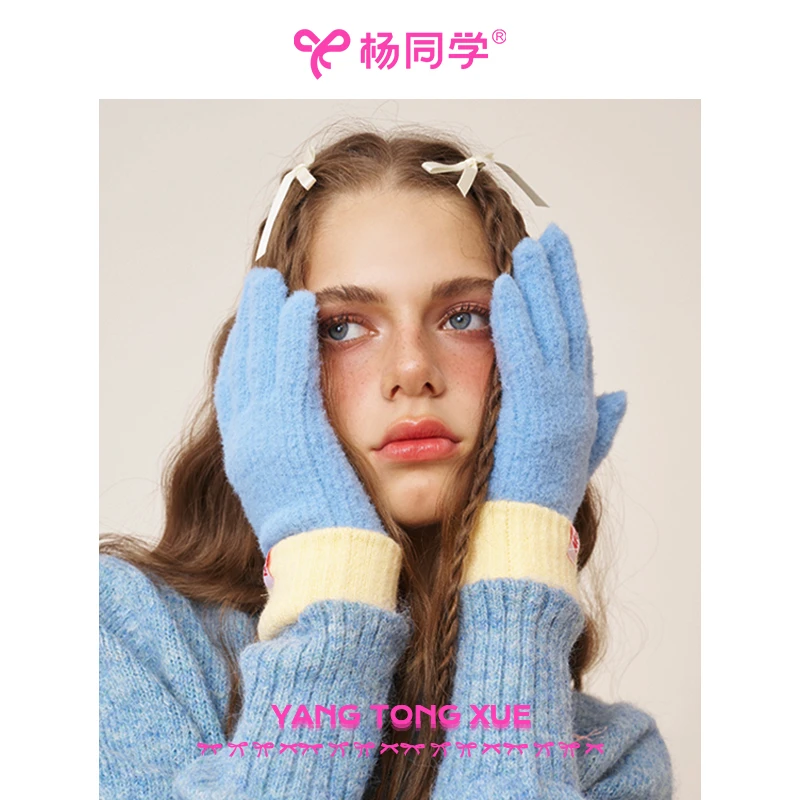 杨同学严选蓝色手套女冬季新款露指触屏东北防寒保暖可爱毛线手套