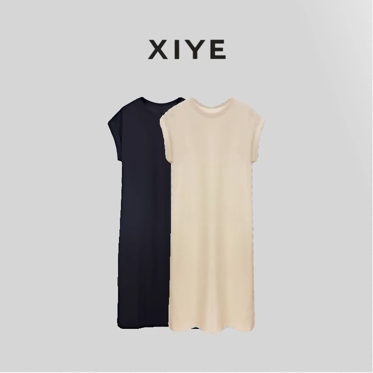 XYE/希野夏季休闲圆领短袖黑色长裙时尚简约显瘦女装连衣裙流行