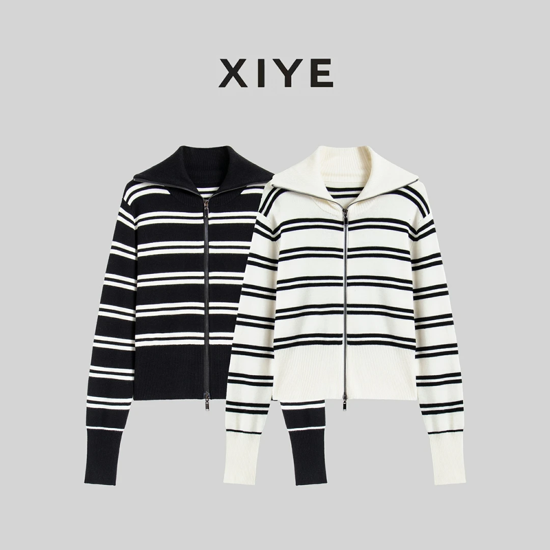 XYE/希野高级感小众设计条纹双拉链休闲针织开衫百搭毛衣  924137