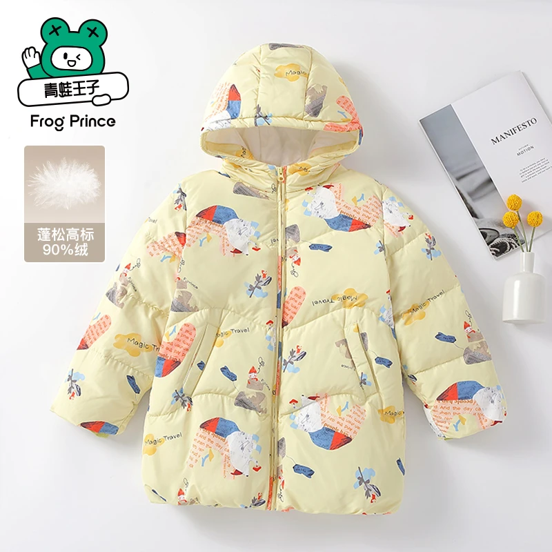 青蛙王子秋冬女童轻薄保暖羽绒服儿童羽绒服小童连帽印花长款外套