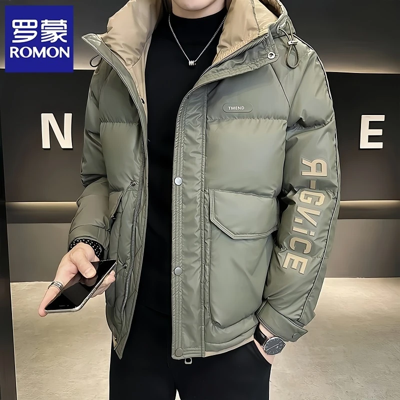 罗蒙羽绒服男冬季外套新款加厚连帽白鸭绒防寒服短款帅气印花冬装