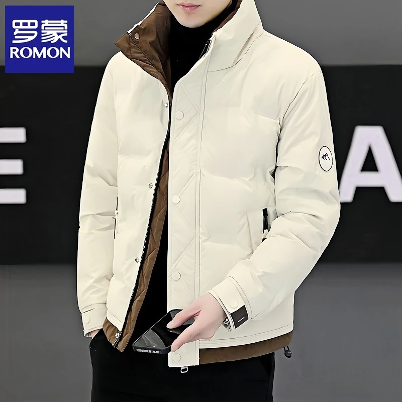 罗蒙立领拼接羽绒服男冬季新款潮流轻薄时尚休闲羽绒外套品质男装
