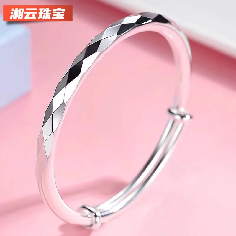 湘云 足银手镯 正品纯银999.9手镯女光面水立方实心经典菱形气质