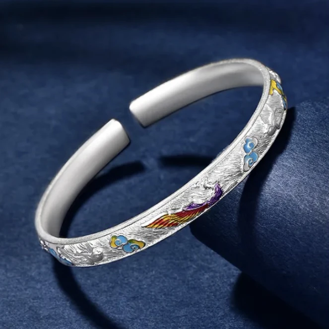 湘云 足银手镯 凤凰手镯珐琅彩古法哑光开口简约可调节国风