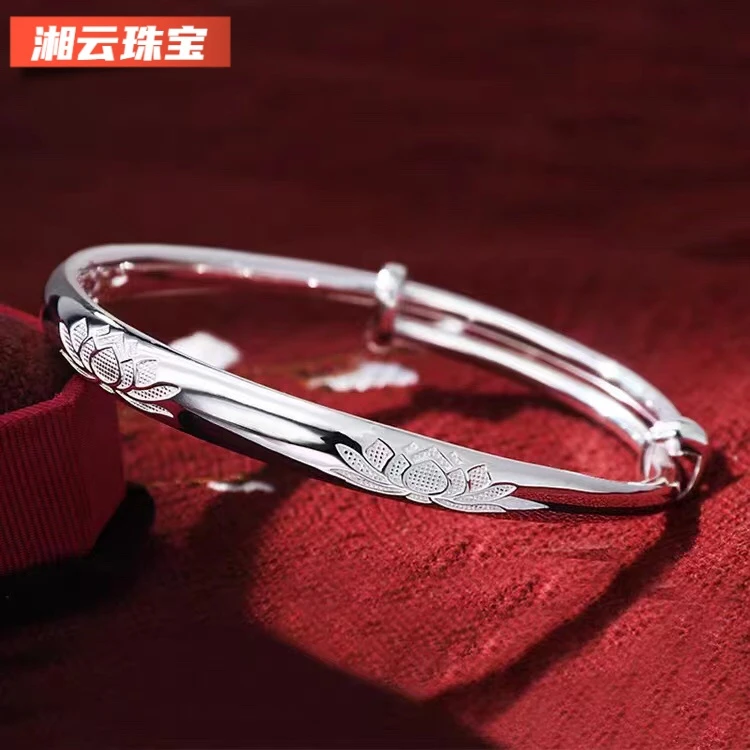 湘云 足银手镯  999.9足银莲花精品手镯实心妈妈时尚推拉口30克