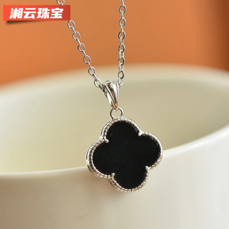 湘云 坠链均925银 四叶草项链女纯银锁骨链双面黑色百搭网红气质